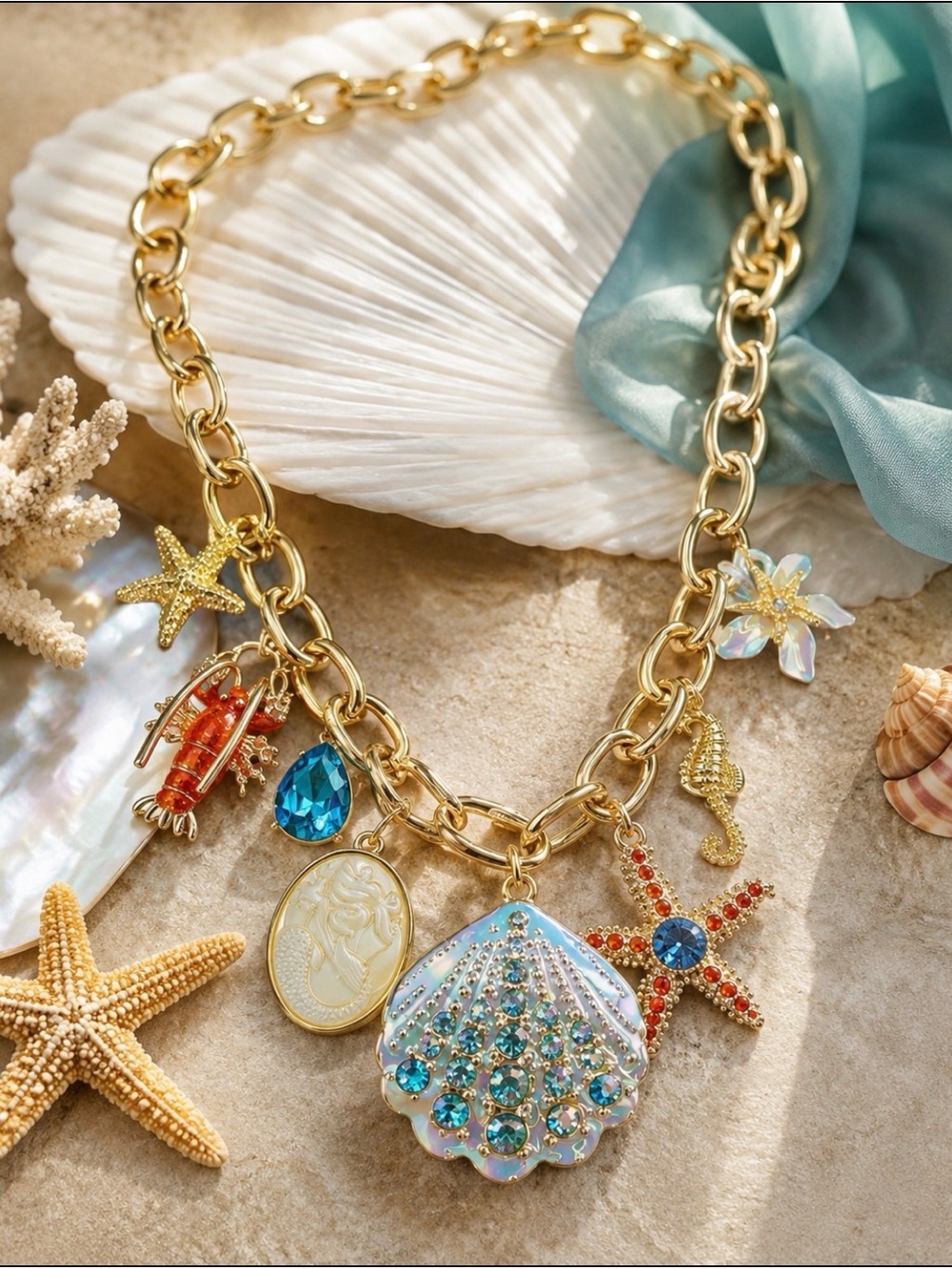 Betsey Johnson Nautical Charm Necklace Mermaid Shell Starfish Lobster Statement